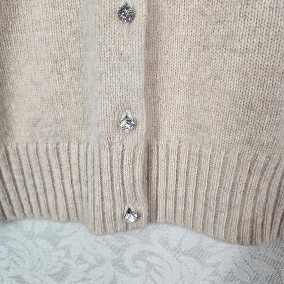 J Crew Lambs Wool Angora Rabbit Hair Cardigan sz M Beige Rhinestone Buttons - Picture 5 of 15